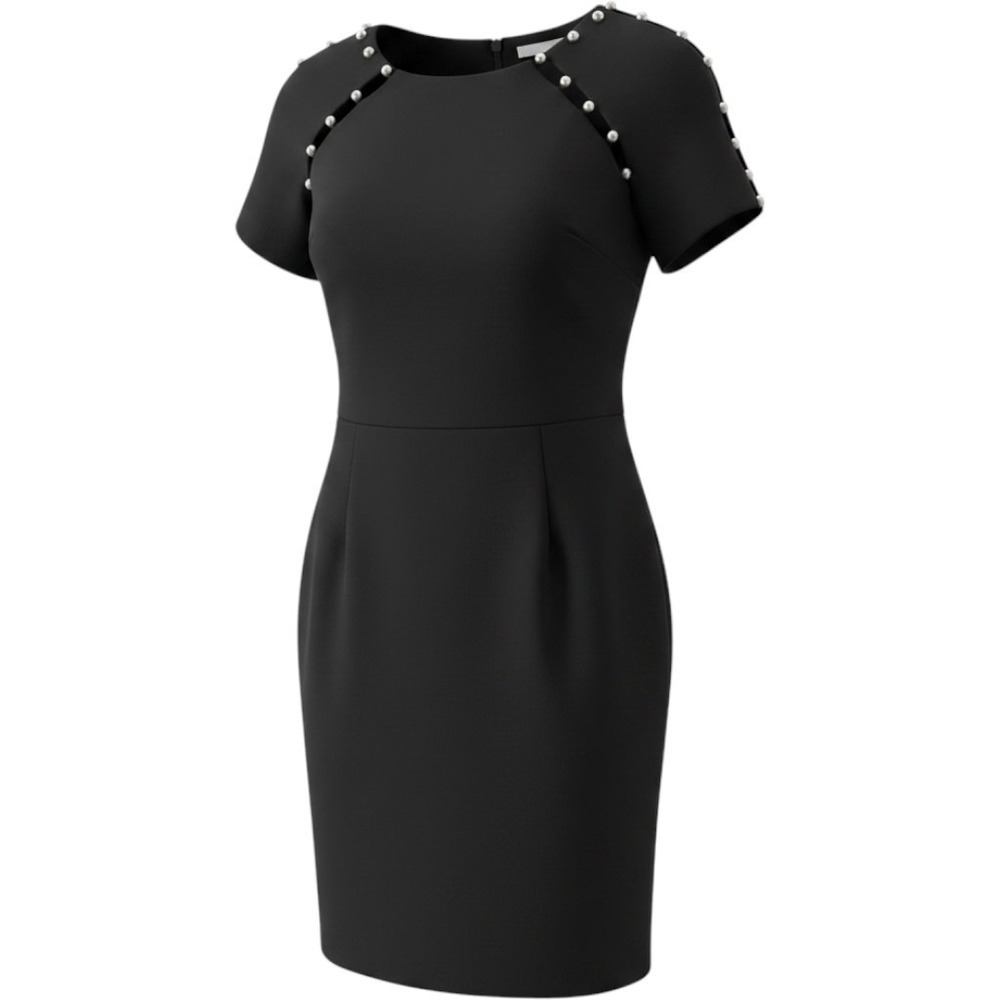 Joseph Ribkoff Black Pearl Shoulder Sheath Dress 6 LBD Classic Evening Elegant